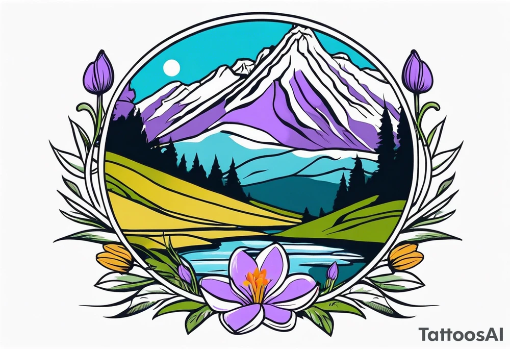 composition with mountain (Gran Sasso) with Crocus flowers, and an explorer trekking. Do not enter rivers and trees. Do it in color. The design style must be that of Old School Traditional Tattoo. tattoo idea