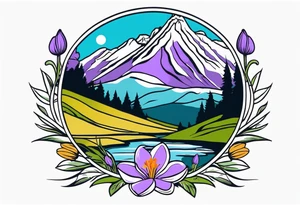 composition with mountain (Gran Sasso) with Crocus flowers, and an explorer trekking. Do not enter rivers and trees. Do it in color. The design style must be that of Old School Traditional Tattoo. tattoo idea