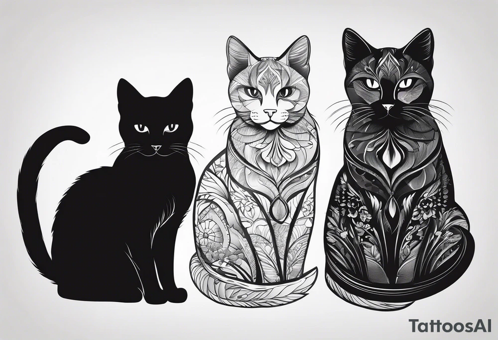 Two cat silhouettes. One gray and one fully black tattoo idea