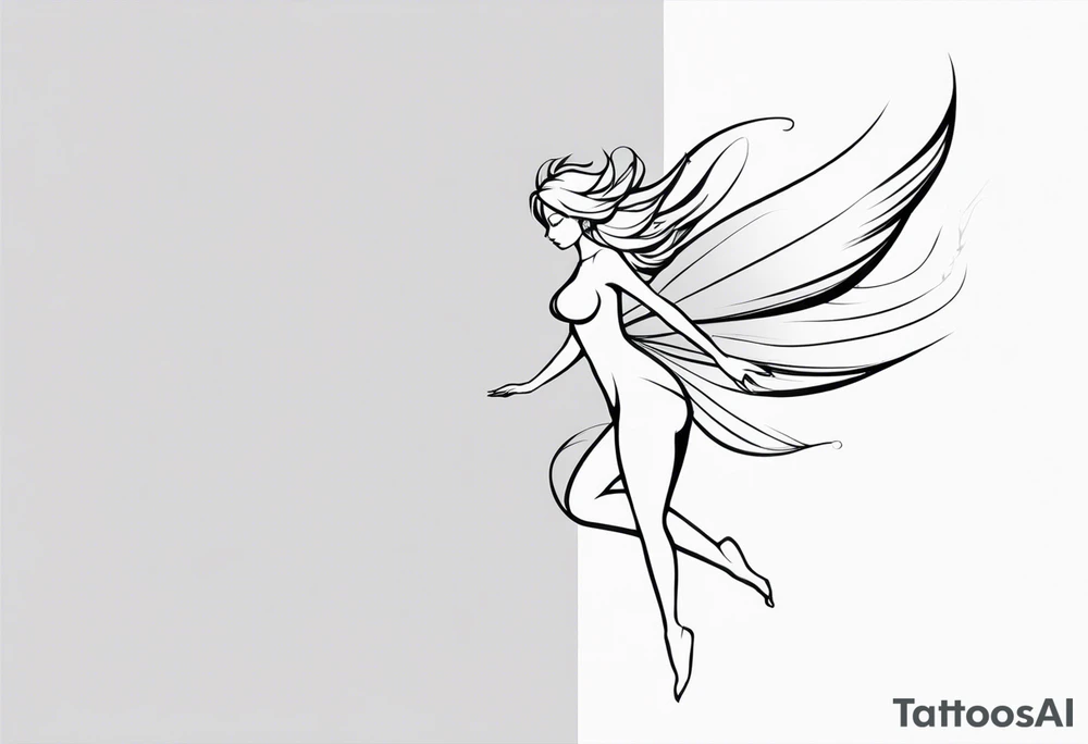 Minimalistic, monochromatic fairy with a tail flying to the left in a fetal position, leaning and looking in the same direction, with visible hands, embodying the 'Fairy Tail' logo aesthetic. tattoo idea