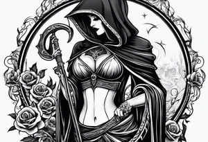 Lady grim reaper with
 scythe and skulls tattoo idea