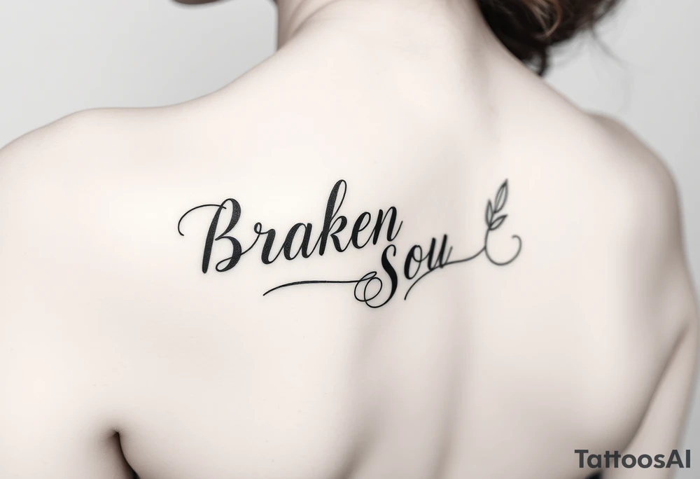 Broken Soul in calligraphy handwriting writing on the side of breast for a woman tattoo idea