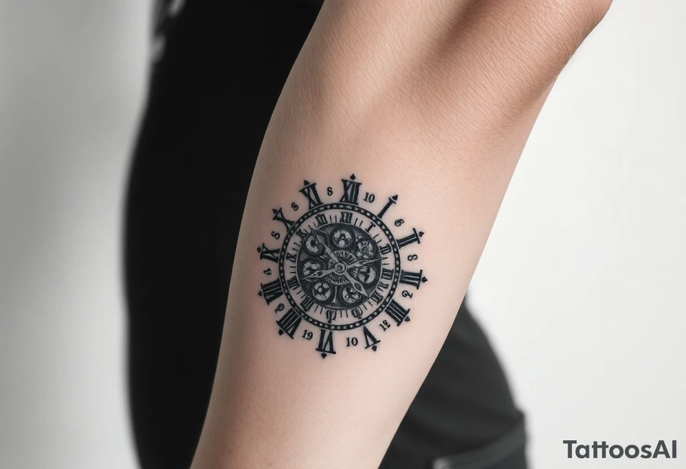 vintage roman numerals within ornate clockwork mechanism tattoo idea