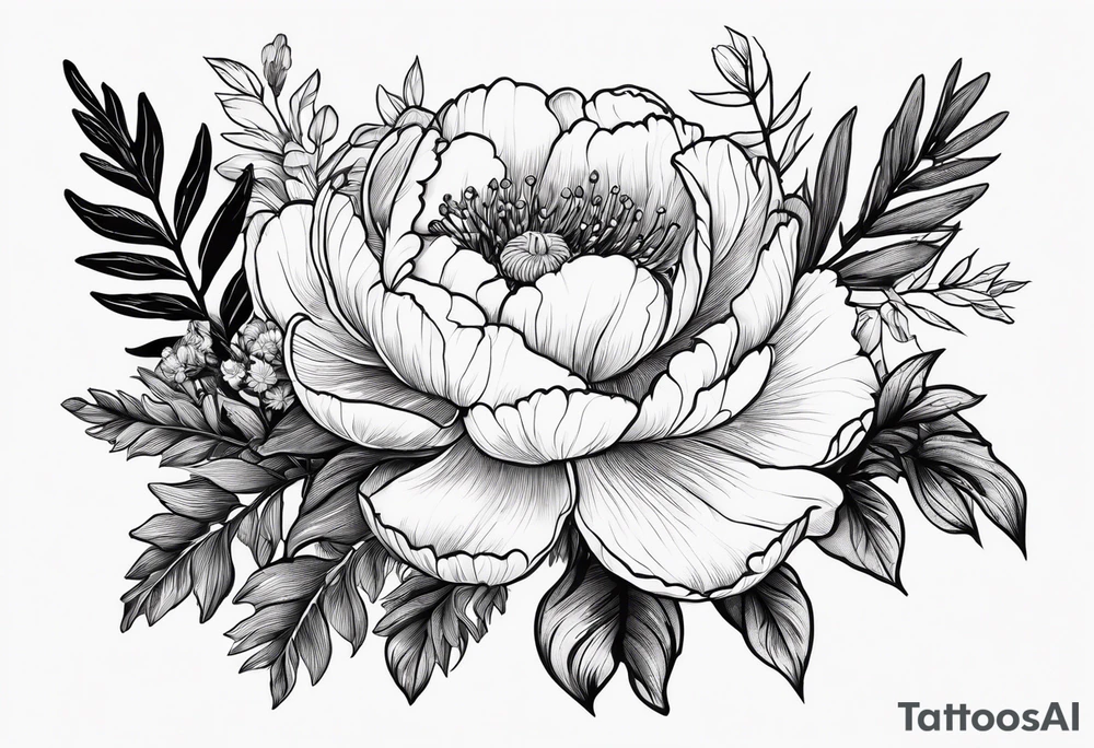 Peony flowers, fern fronds, Cherokee rose, and hellebores tattoo idea