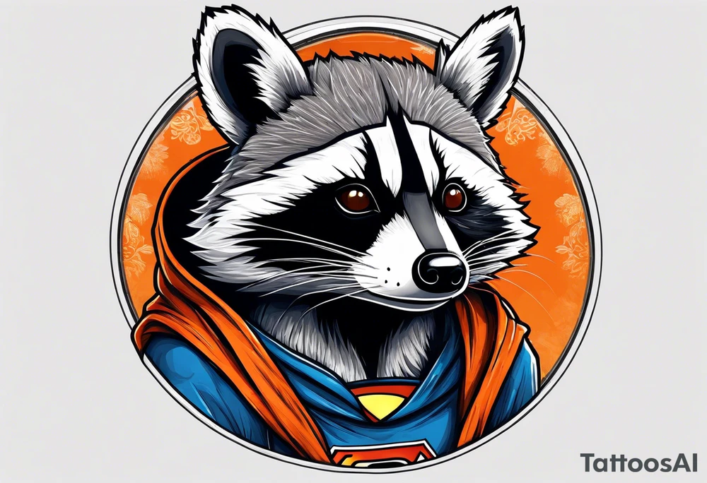Raccoon wearing an orange Superman hoodie tattoo idea
