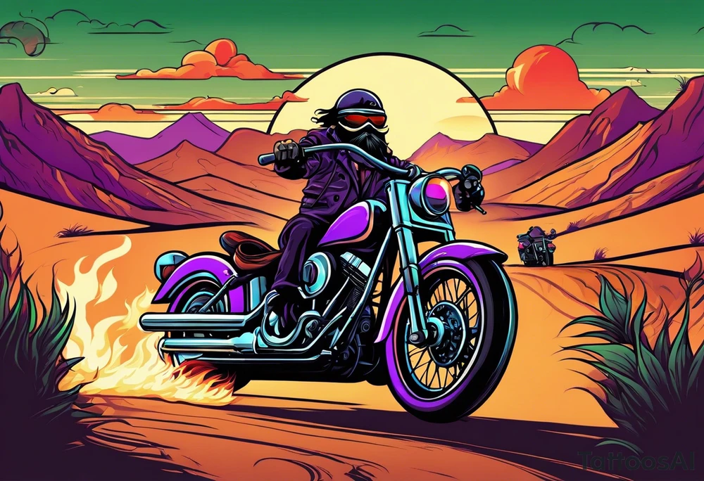 A single eyeball with arms & legs & a mustache riding a motorcycle with flames coming out the pipes. The rider should be face on and there should be a desert sunset scene in the background. Use greens and purples for the desert scene tattoo idea