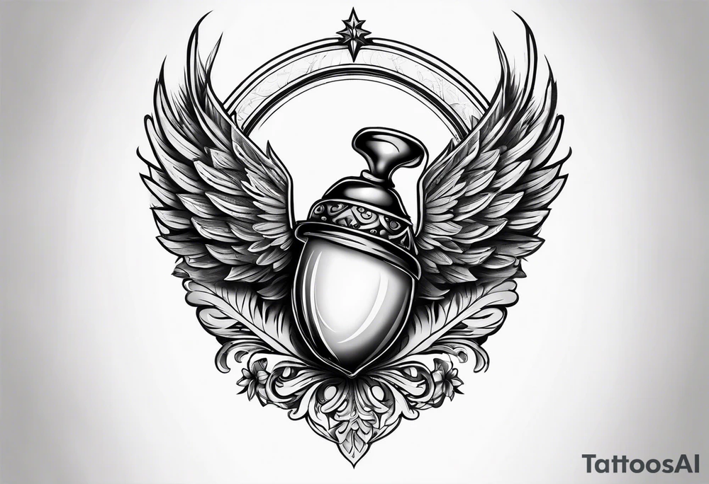 An angelic tattoo featuring an acorn with wings tattoo idea