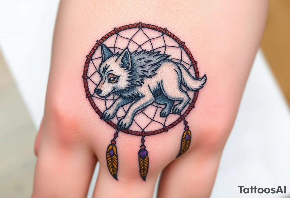 A wolf running through a dreamcatcher, with dreamcatcher threads trailing behind it, giving a sense of movement. The wolf is painted in silver and white, and the threads are in golden yellow and purple. tattoo idea