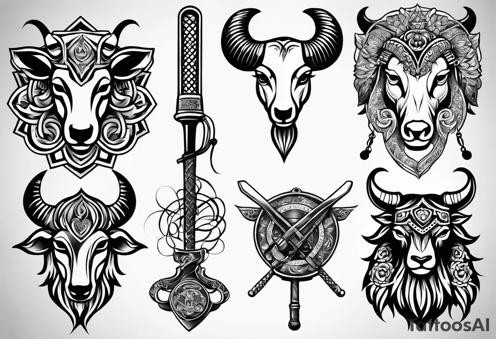 tattoo design containing the following objects: ram head, floorball ball, hockey stick, fishing rod tattoo idea