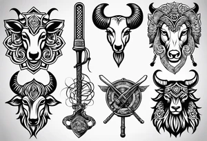 tattoo design containing the following objects: ram head, floorball ball, hockey stick, fishing rod tattoo idea