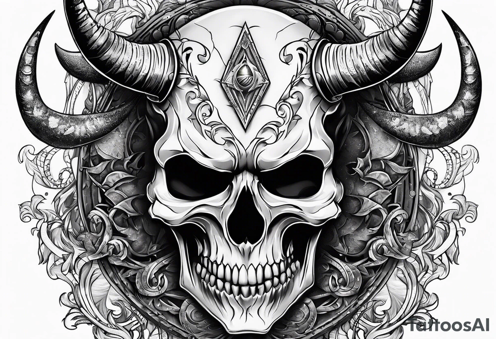Devil skull  with hollow eyes and  horns holding the earth tattoo idea