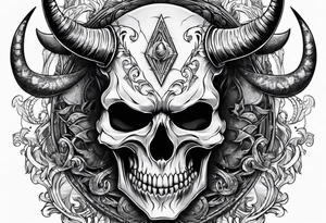 Devil skull  with hollow eyes and  horns holding the earth tattoo idea