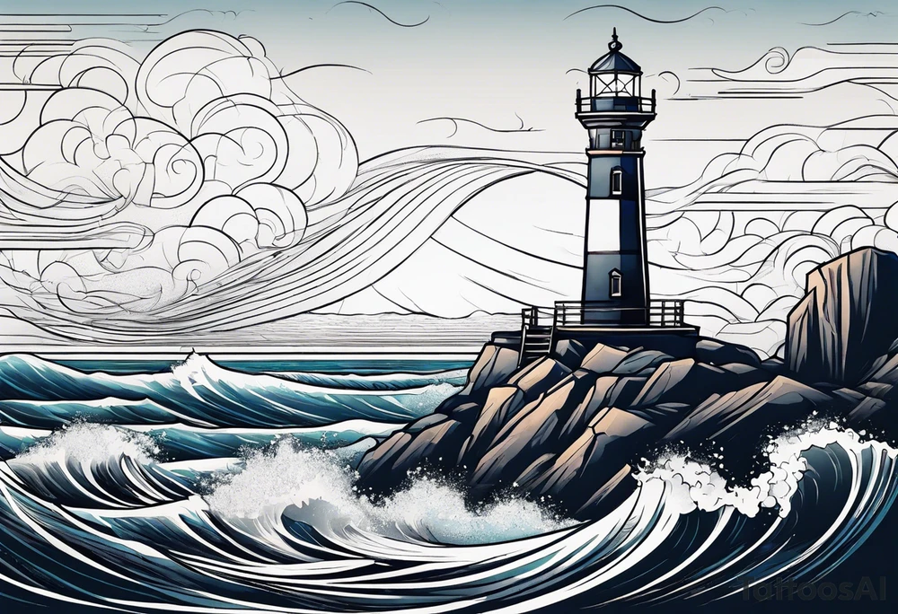 lighthouse in very fine line with a rough sea tattoo idea