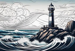 lighthouse in very fine line with a rough sea tattoo idea