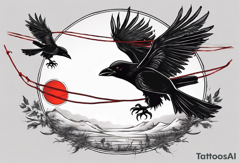 Two black crows flying into the sunset as they carry one long red string between them. tattoo idea Two black crows flying into the sunset as they carry one long red string between them. tattoo idea