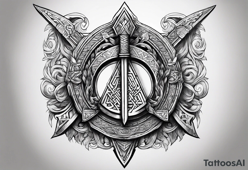 Valhalla sword shield axe Valknut fire tattoo idea