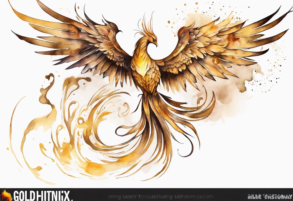 Sleeve tattoo on a woman's arm. Gold Phoenix tattoo idea