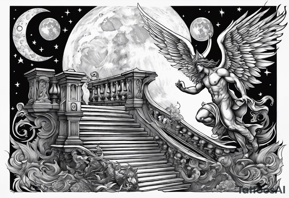 angel fighting a demon w a staircase going up to a moon in the background tattoo idea