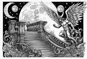 angel fighting a demon w a staircase going up to a moon in the background tattoo idea