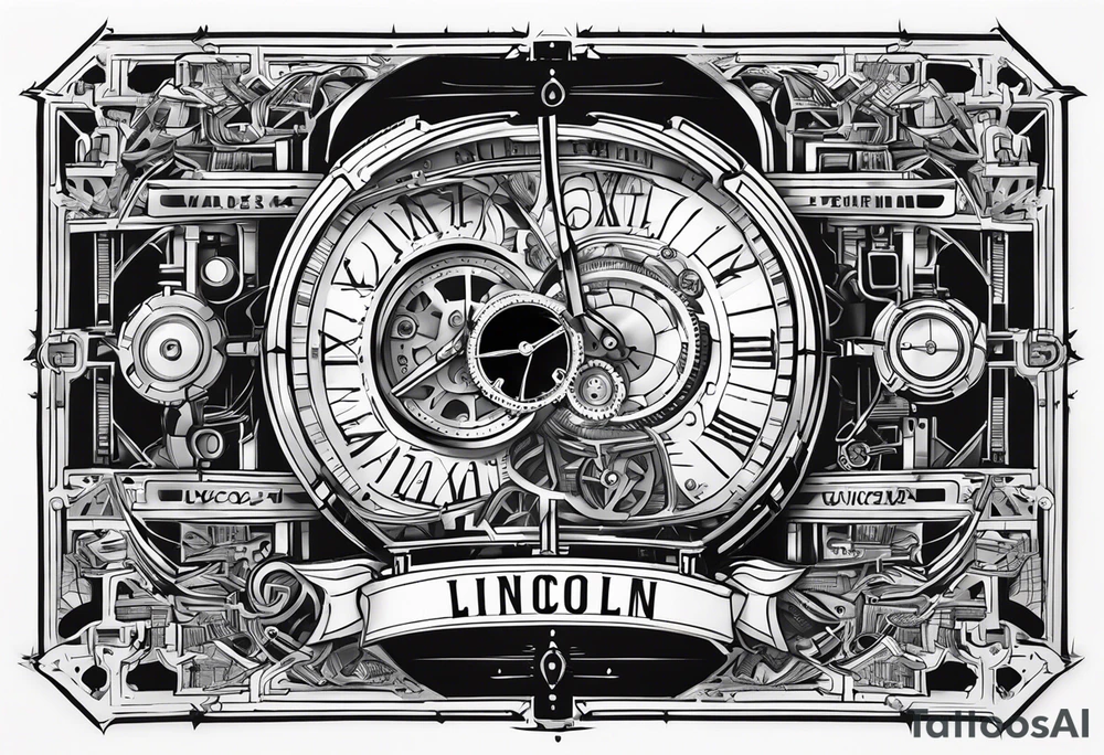 A mechanical birth watch with the name Lincoln and date tattoo idea