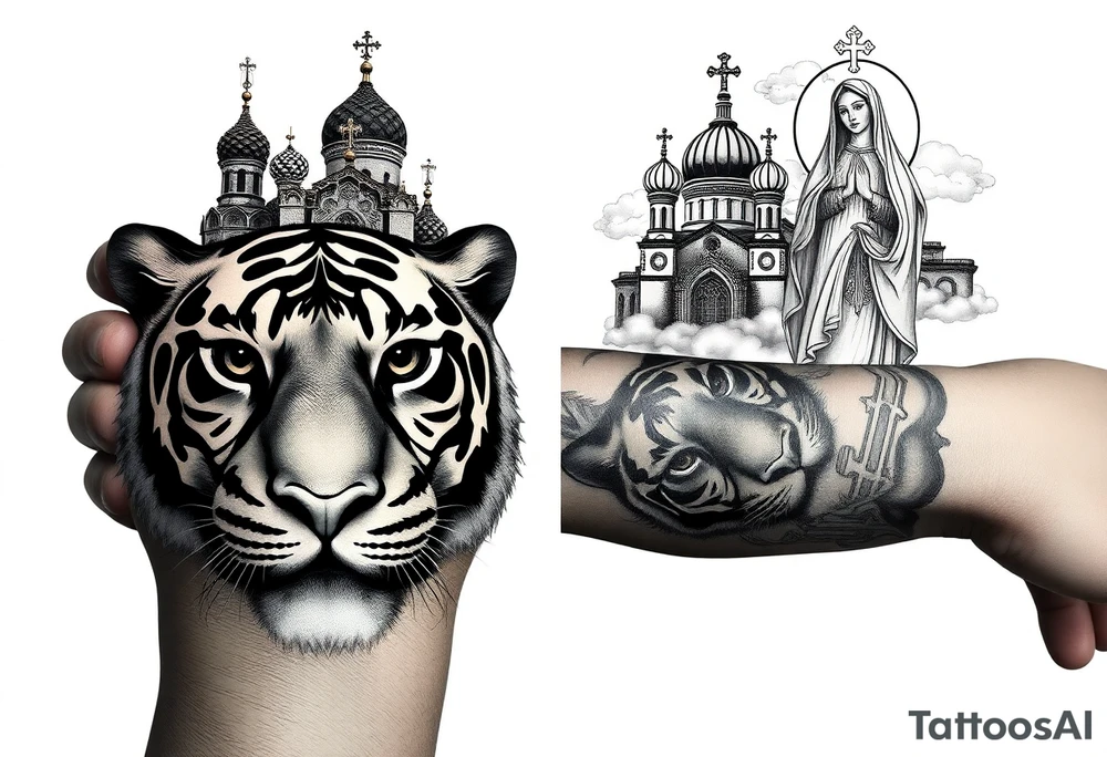 Realistic tiger face on the back of the hand with strong contrast and fine detail with all black eyes. then a highly detailed Russian Orthodox cathedral sitting above on the top fore arm with onion domes and orthodox crosses, done in fine line, engraving-like style. Cohesive composition, black ink only, no color, high contrast, slightly aged, documentary-style, plain light background. with clouds above and a virgin mary tattoo idea