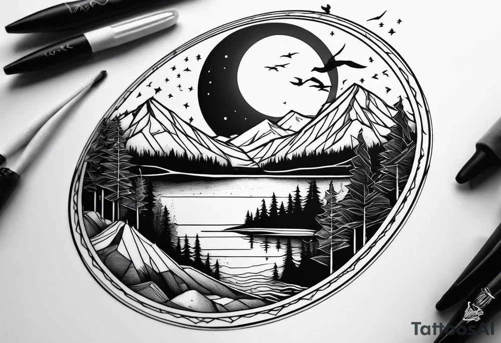Geometric nature tattoo with moutains, lake, forest, birds and a moon. Should fit on all the forearm. tattoo idea