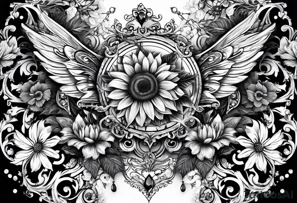 Arm sleeve with Winged cross with sunflower and butterflies tattoo idea