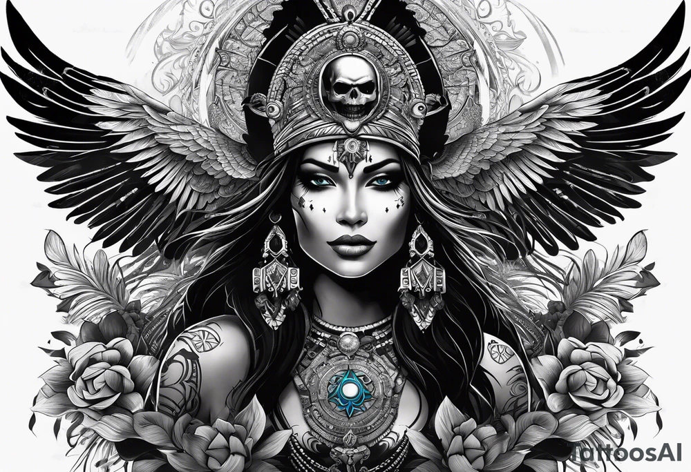 black kali, goddess pirate, alien, pachamama, valkrye, warrior, skull, lotus azul, wing, eagle, zenza resonance, stars, 5D, anahata chakra tattoo idea