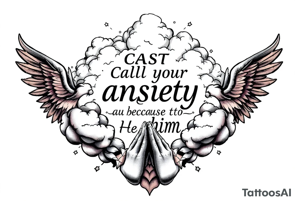 cast all your anxiety on him because he cares for you"  surrounded with clouds and angels and praying hands tattoo idea