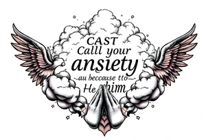 cast all your anxiety on him because he cares for you"  surrounded with clouds and angels and praying hands tattoo idea