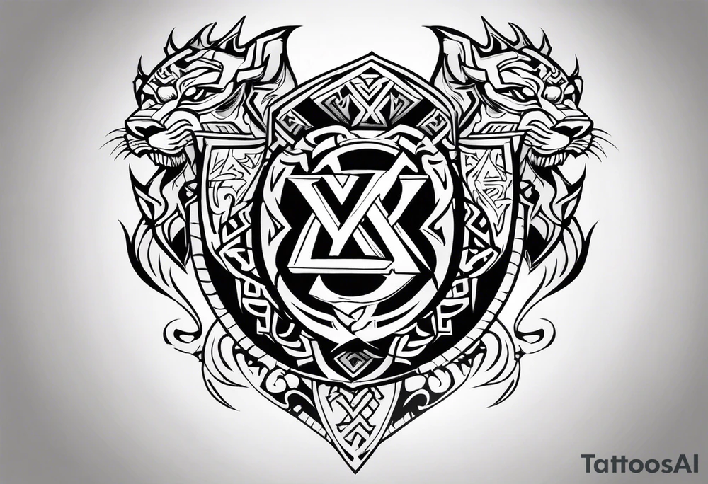 Valhalla sword shield dragon axe Valknut tribal lion tattoo idea