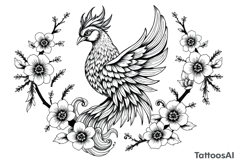 powerful majestic japanese phenix surrounded by Marple and cherry blossom ornaments tattoo idea