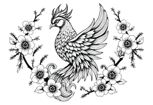powerful majestic japanese phenix surrounded by Marple and cherry blossom ornaments tattoo idea