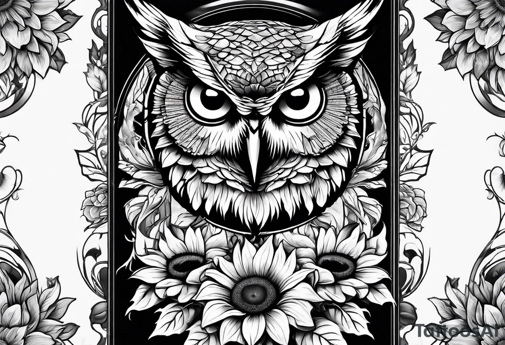 Arm sleeve with an owl surrounded by sunflowers with a butterfly on the sunflower tattoo idea