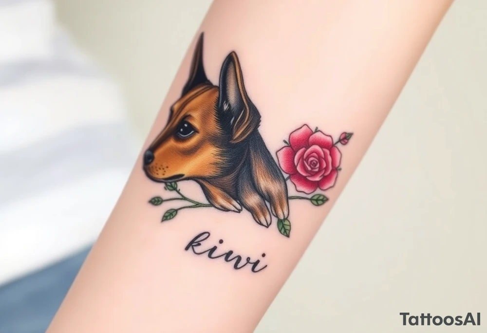 Cute female  large hound dog mix Brindle dog with the name kiwi . And a tiny rose around her . With her ears pointy a little big tattoo idea