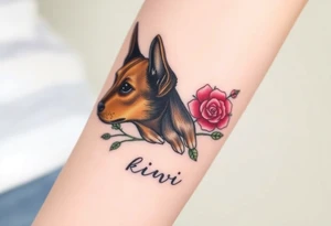 Cute female  large hound dog mix Brindle dog with the name kiwi . And a tiny rose around her . With her ears pointy a little big tattoo idea