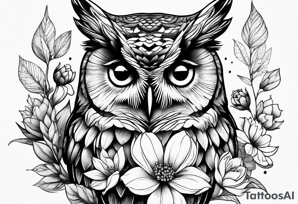 female owl with flowers tattoo idea