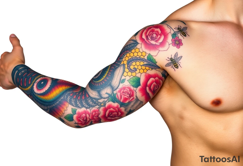 Colorful sea creatures with honey comb, bees, and roses tattoo idea