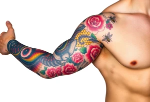 Colorful sea creatures with honey comb, bees, and roses tattoo idea