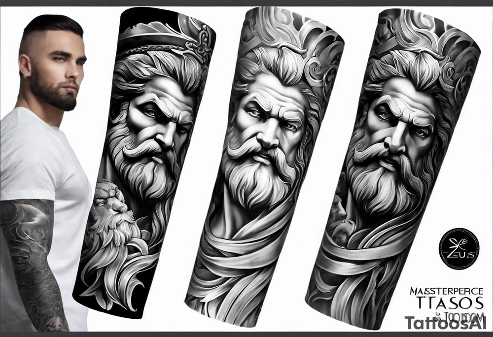 Full left arm tattoo sleeve with the Greek gods, Zeus, Poseidon and Hades. Zeus' face is at the left shoulder, Poseidon's  face is at the left upper arm and Hades' face is at the left forearm. tattoo idea