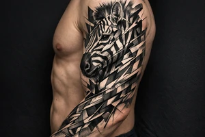 Fragmented hyperrealistic zebra head, geometric lines onto shoulder, chest. tattoo idea