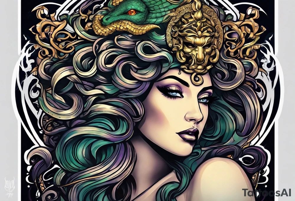 Medusa head with a mysterious expression, capturing both her allure and danger. Blend dream-like qualities with the striking figure of Medusa. Render on a thigh tattoo idea