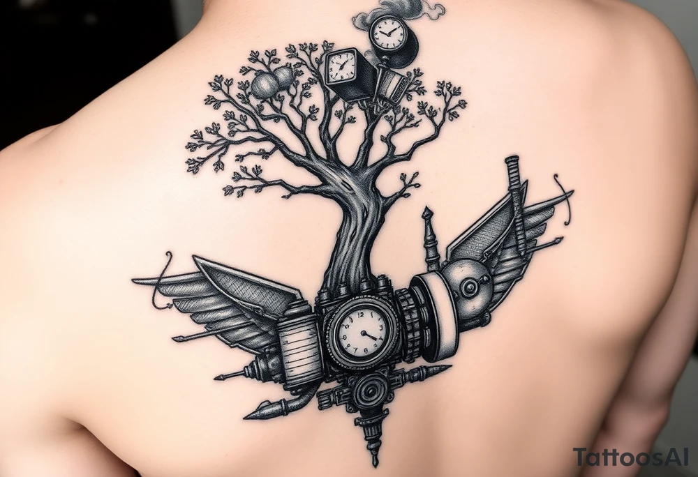 tree growing out of a v shaped engine with lots of pipes, guages and steam around the engine 
 with a smoke stack coming out of the top 
 billowing black smoke as if the tree and engine were a flying machine
 with a steam punk vibe tattoo idea
