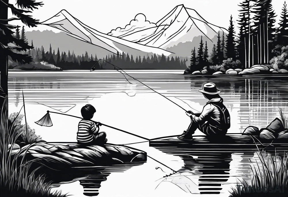 forearm tattoo set on a lake. There is a little boy sitting next to a little girl. The little boy is fishing and the little girl is reading. There are trees surrounding the lake. tattoo idea