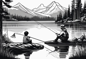 forearm tattoo set on a lake. There is a little boy sitting next to a little girl. The little boy is fishing and the little girl is reading. There are trees surrounding the lake. tattoo idea