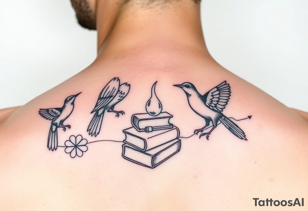 Minimalist fine line tattoo incorporating birds, nature, books, science tattoo idea