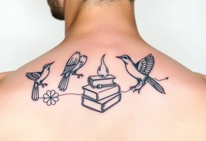 Minimalist fine line tattoo incorporating birds, nature, books, science tattoo idea