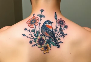 Colorful Irish wildflowers with a wren tattoo idea