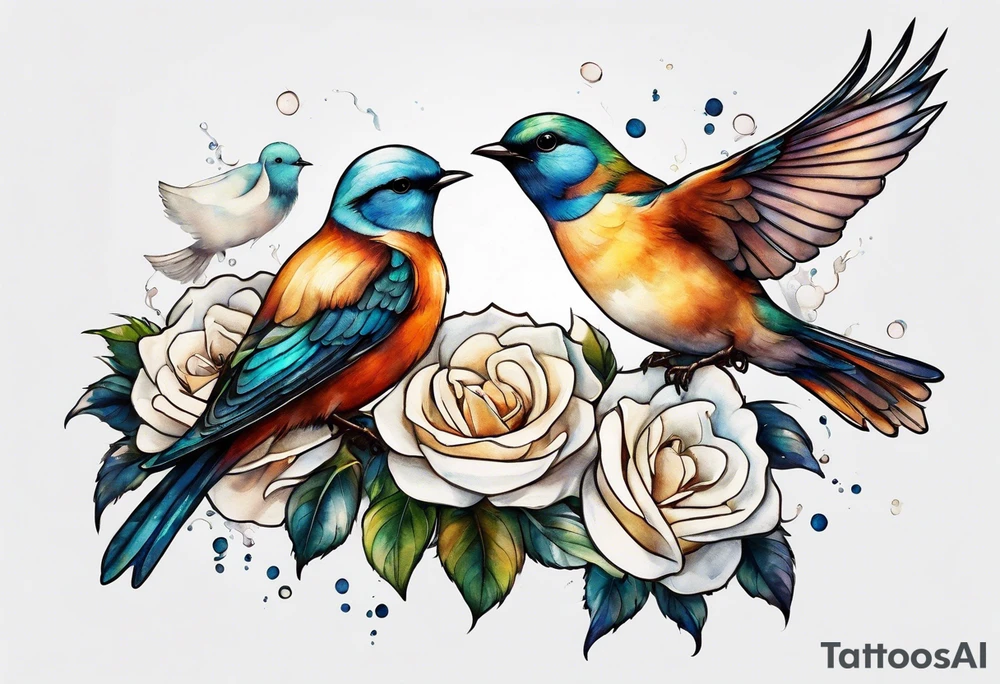 Two birds sitting on a stem of White roses with another bird flying in to land on stem tattoo idea