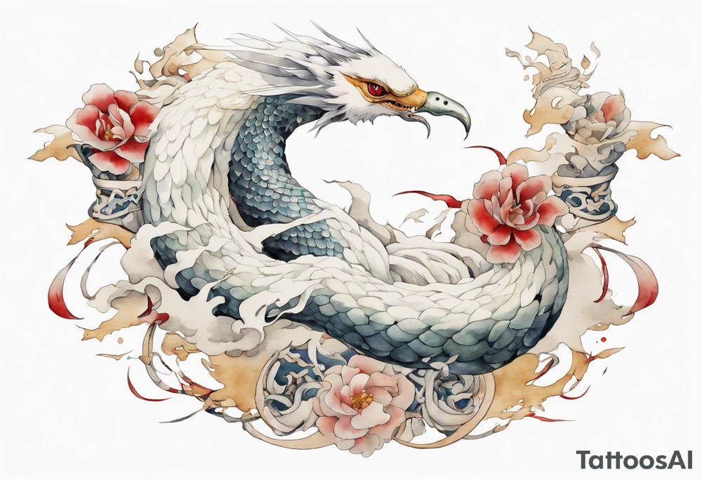 a watercolor of a white bird-serpent hybrid wearing an iron crown, flying tattoo idea